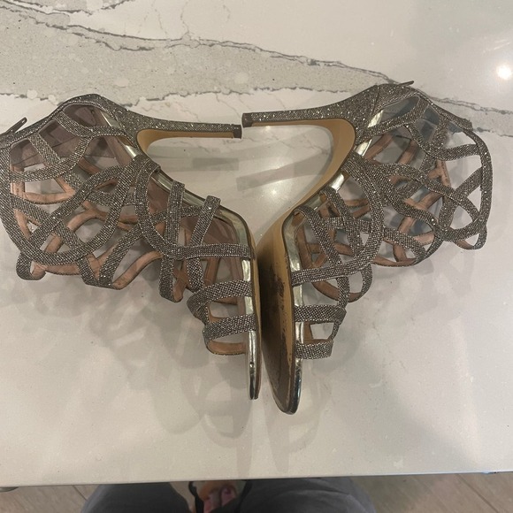 NINA Gold Sparkle Strappy Cage Zip Open-Toe Cocktail Wedding Heels - Picture 9 of 12